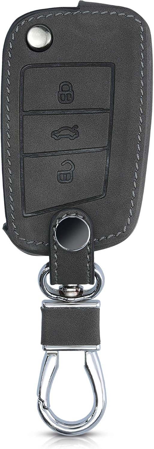 kwmobile Car Key Cover Compatible with VW Golf 7 MK7 3 Button Car Key - Synthetic Nubuck Leather Fob Cover - Dark Grey - Image 4