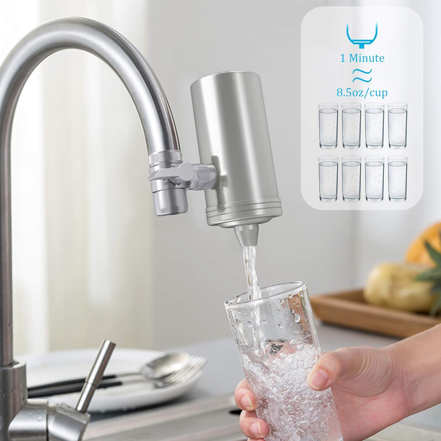 XOOL Faucet Water Filter, 304 Stainless-Steel Filtration System, Double Outlet, Large Water Flow, Water Purifier, Reduce Chlorine, Lead Reduction, Fits Standard Faucets (2 Filter Cartridges): Home & Kitchen