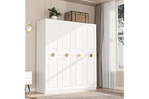 XIWEOT Wood White Wardrobe Closet with Drawers: 4 Doors - 2 Drawers and Armoire with Shelves & Hanging Rod - Cabinet Handle with Metal Legs - Tall Wardrobe Closet with 63 "L x 20.28 "W x 71.65 "H