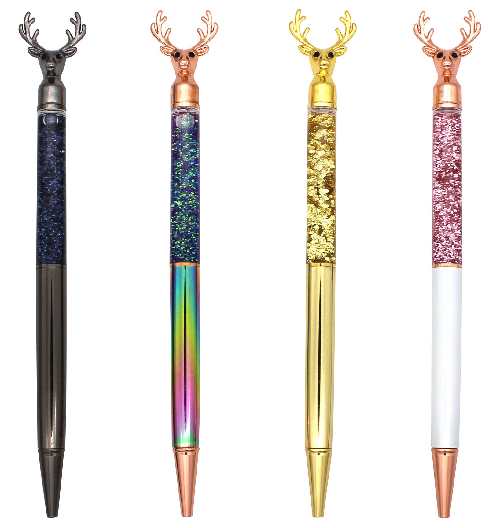 Gullor Retractable Ballpoint Pen, Glitter Floating Metal Pen, Deer Shape, 4 Pens, Set A
