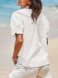 Tankaneo Womens Puff Sleeve Shirts Peter Pan Collar