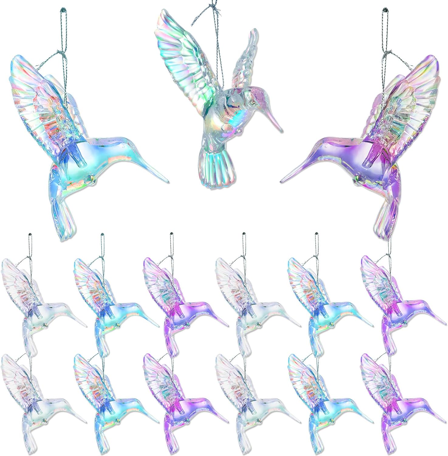 Ornaments - 15 Pcs Acrylic Hummingbird Christmas Hanging Ornaments Shiny Iridescent Hummingbird Ornament Acrylic Crystal Xmas Tree Pendants with Fish Line for Home Christmas Tree Party (Purple, Blue, Rainbow)