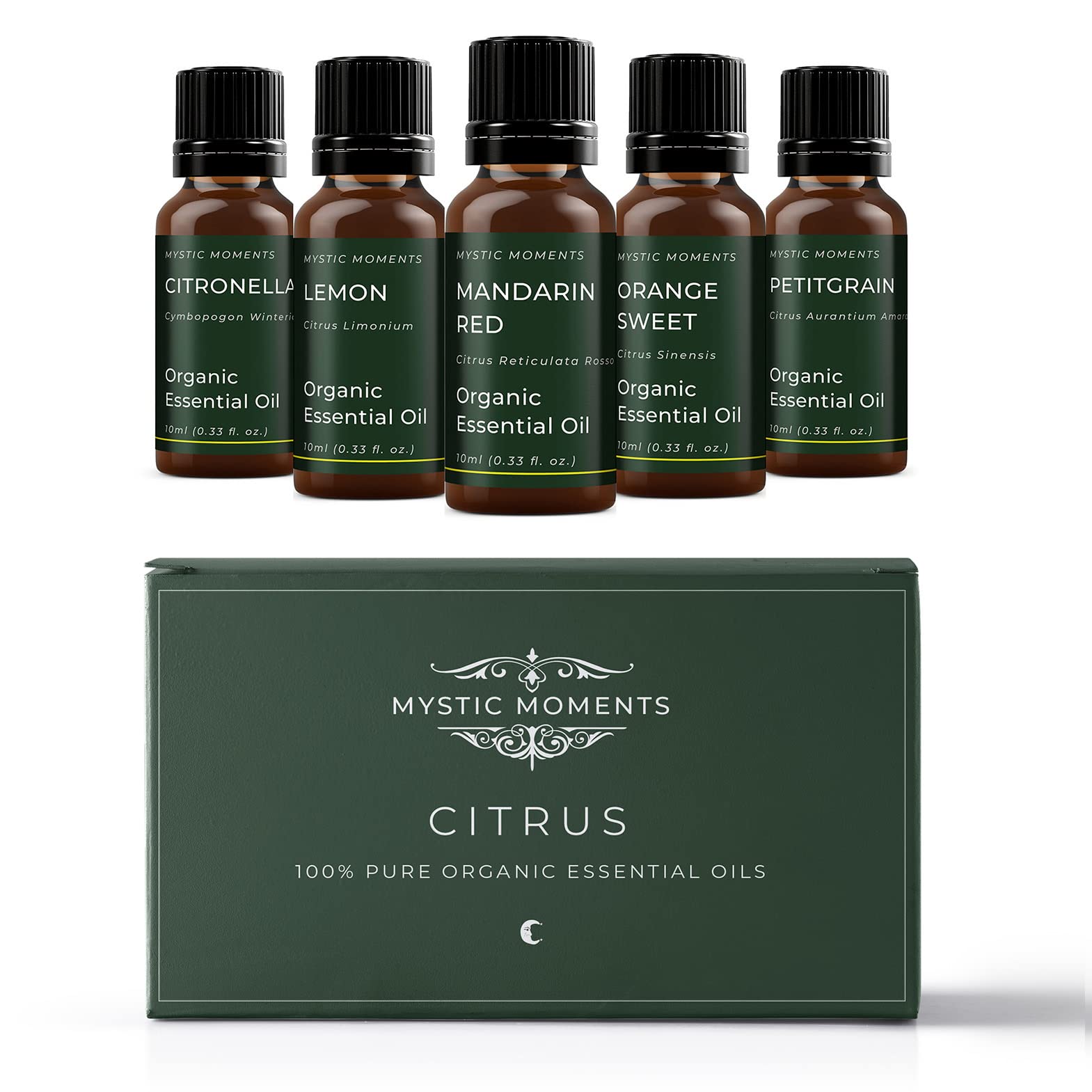Mystic Moments | Citrus Organic Essential Oil Gift Starter Pack 5x10ml | Citronella, Lemon, Mandarin Red, Orange Sweet, Petitgrain | Perfect as a Gift