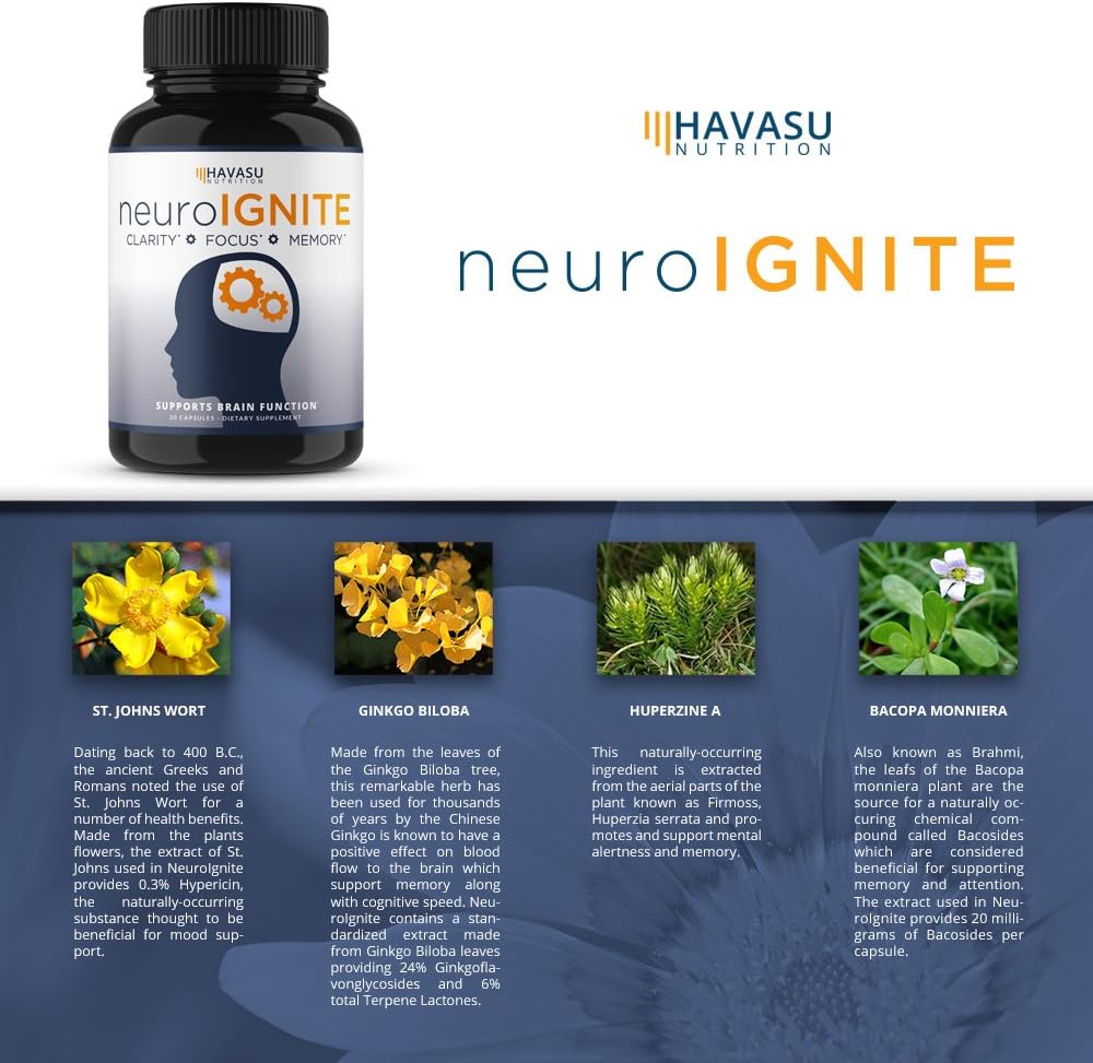 Havasu Nutrition Extra Strength Brain Supplement for Focus, Energy, Memory and Clarity, Mental Performance Nootropic with St Johns Wort, Supports Brain Function for Men and Women - 30 Capsules: Health & Personal Care