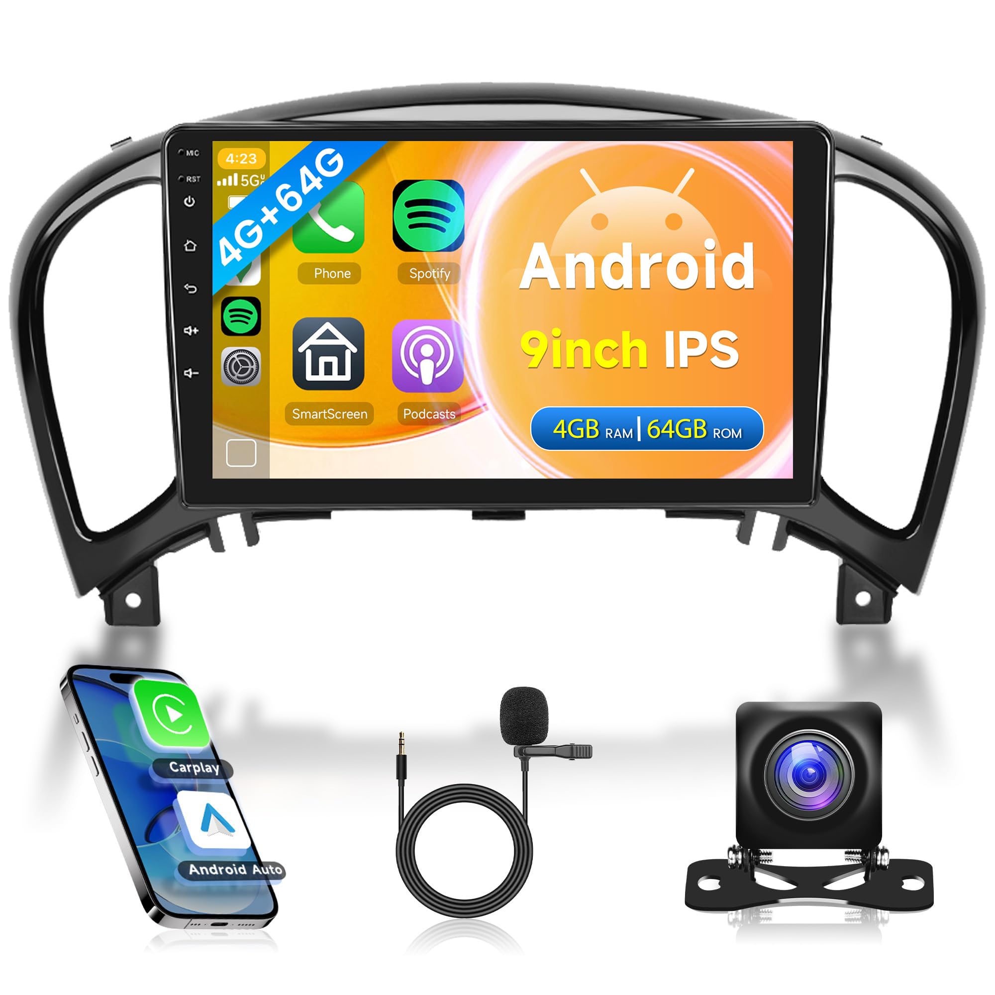 Photo 1 of 4G+64G Car Radio for Nissan Juke 2011-2016, Rimoody Android Car Stereo Carplay Android Auto 9 Inch Touchscreen GPS Navigation WiFi Miorror Link EQ Bluetooth FM AHD Backup Camera