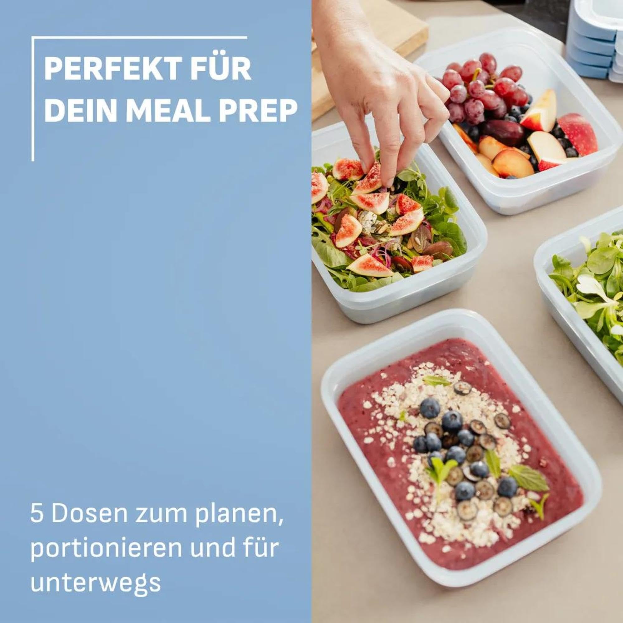Emsa oneClick, Vorratsdose, One-Click System, Hält Lebensmittel 2x Länger Frisch, 100% Auslaufsicher, Made in Germany, Blue, 5-teiliges Meal-Prep Set 5× 1,2 L / 40,6 fl.oz, N1231200 4