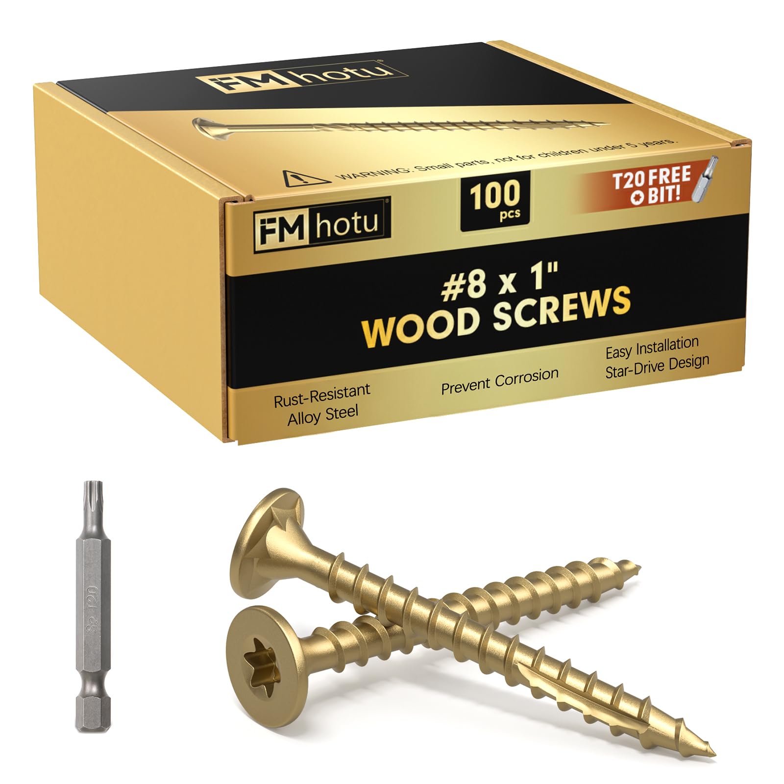 Photo 1 of #8 x 1” Deck Screws, 100Pcs Star Drive Wood Screws, Rust Resistant Timber Screws for Timber/Log/Landscaping Wood, T20 Star Bit Included, Gold