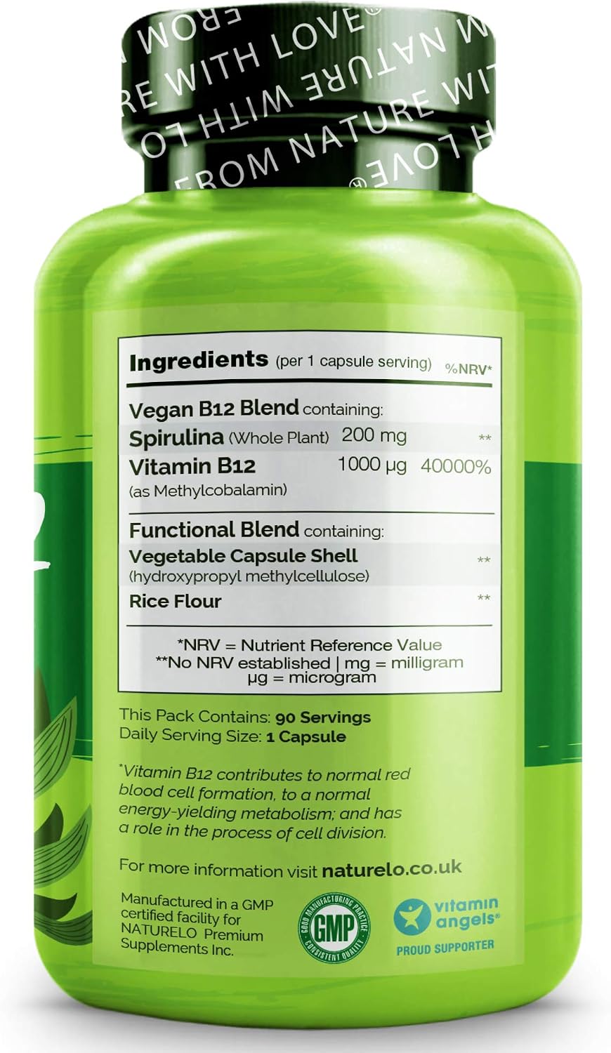NATURELO Vegan B12 with Spirulina, High Potency 1000mcg Bio-Available Methylcobalamin - Image 4