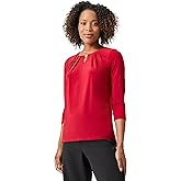 Kasper Womens Solid Ity 3q SLV Pleat Nk Top W Trim