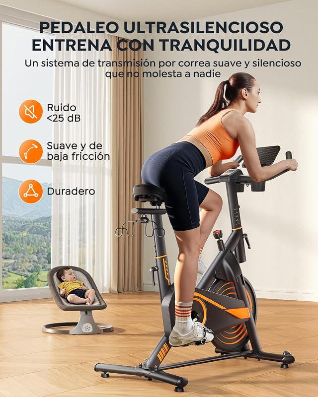 Bicicleta Estática para Casa con APP, Bicicleta estatica Silenciosa con Resistencia Magnética 0-100%, Pantalla LCD, Soporte para Mancuernas y Portavasos, Volante 15 KG, MAX 160KG verde