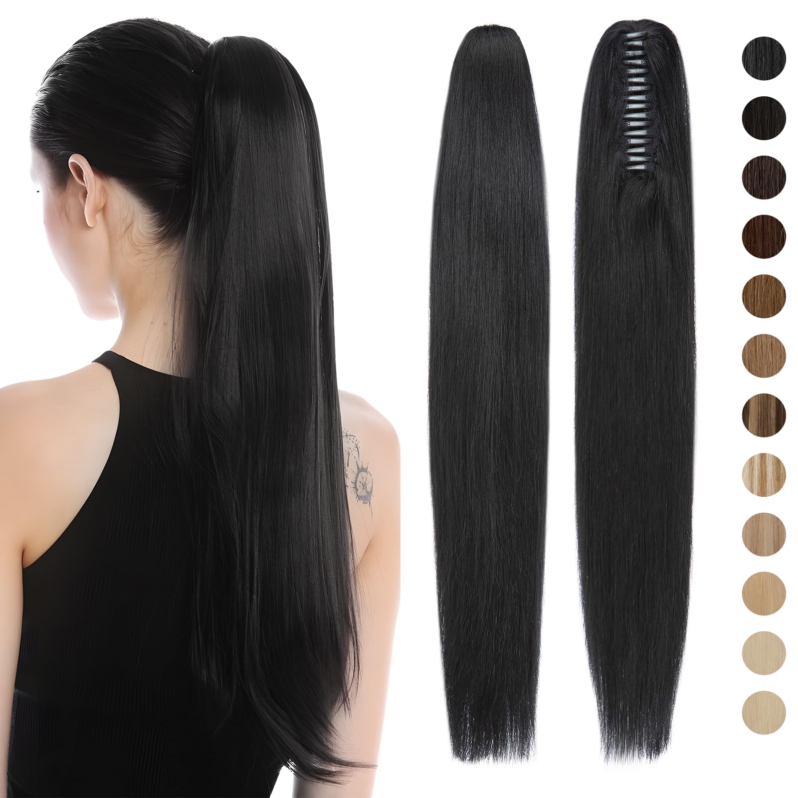 Silk-co Claw Clip in Ponytail Extension Real Hair #01 Jet Black 20 inches Jaw Claw on Ponytail Hair Remy Human Hair Straight — image 1