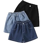 Jolyshlid 3 Packs Girls' Denim Shorts High Waist Straight Leg Elastic Waist Casual Loose Shorts for Summer Outfit 3-14Y