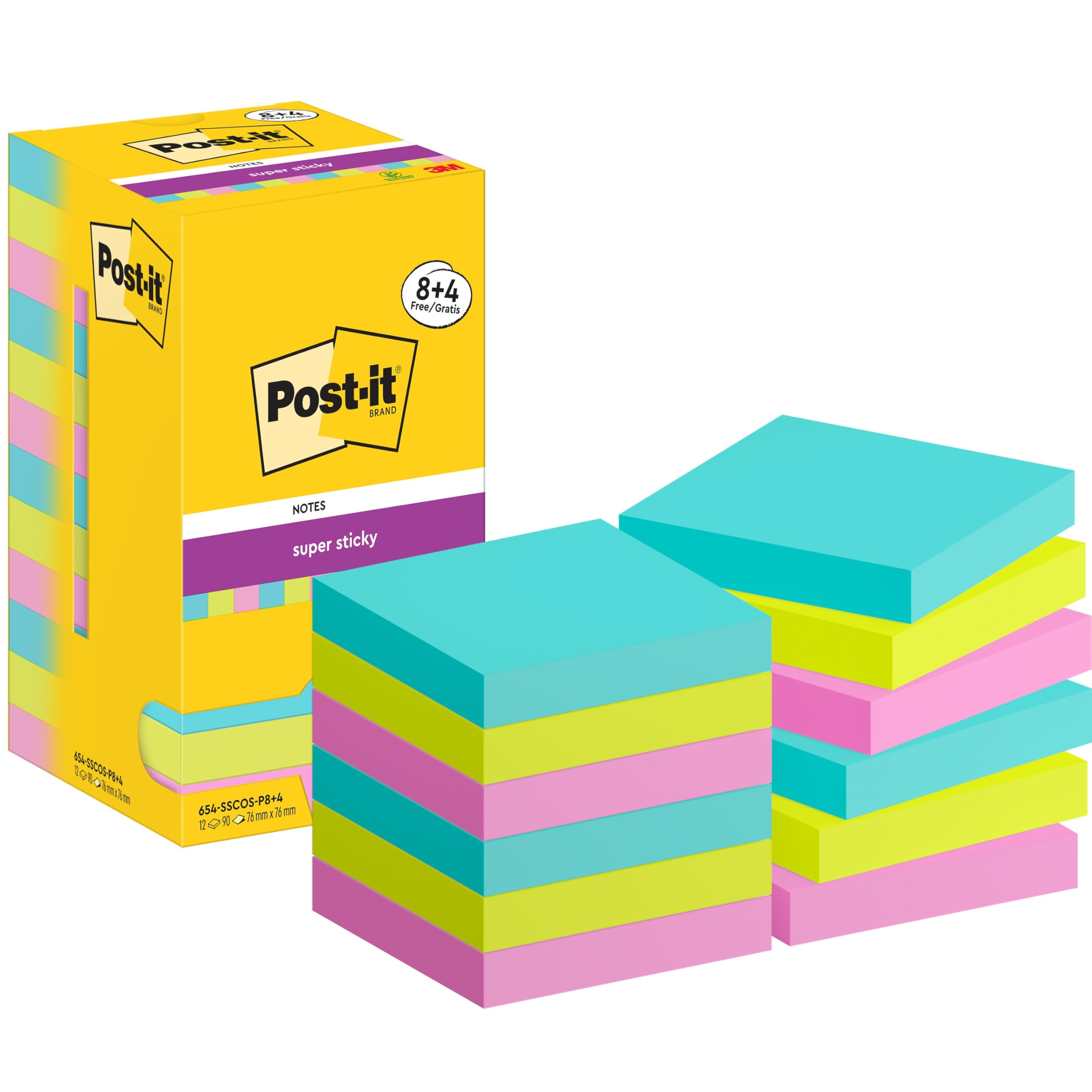 Post-it Super Sticky Notes, 720 Sheets, Pack of 8 Pads, 76 mm x 76 mm - Holds Strong to Many Surfaces - Turquoise, Green, Pink - for Walls, Monitors and Fridge, Recycable