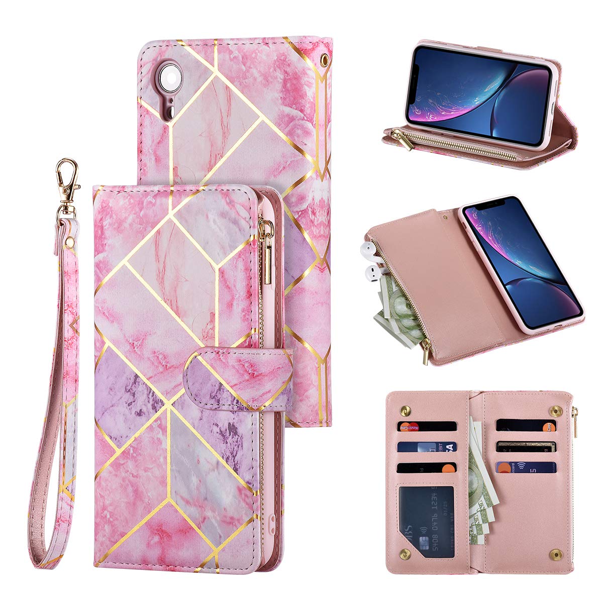 UEEBAI Wallet Case for iPhone XR, Premium PU Leather Magnetic Closure Geometric Marble Pattern Handbag Zipper Pocket Case Kickstand Card Holder Slots Fashion Shockproof Flip Cover - Pink & Purple โ image 1
