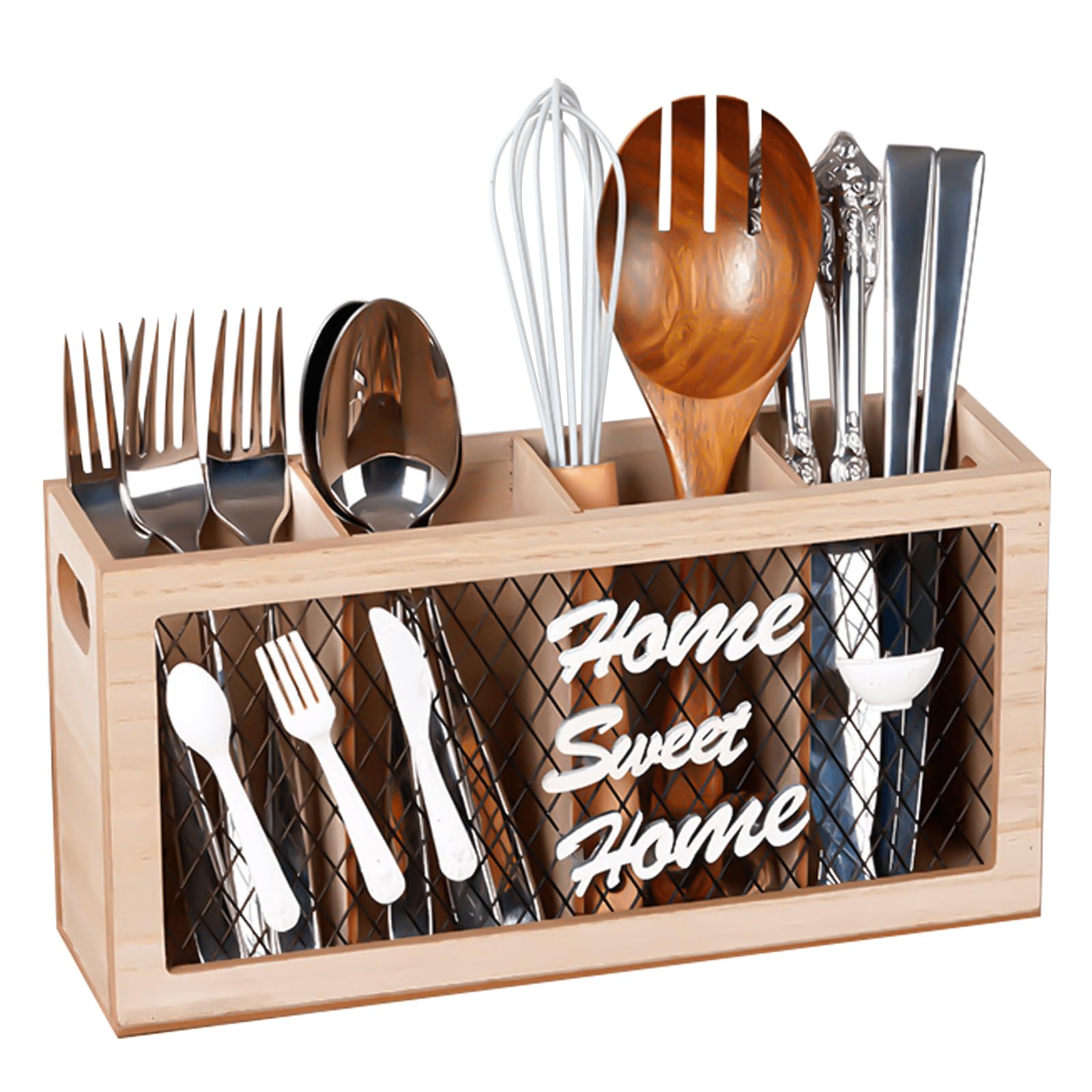 AWSGHLF Wood Utensil Holder, Wooden Cutlery Holder Kitchen Utensils Organizer Farmhouse Utensil Caddy Container with 4 Compartments for Countertop Spoons Spatulas Fork