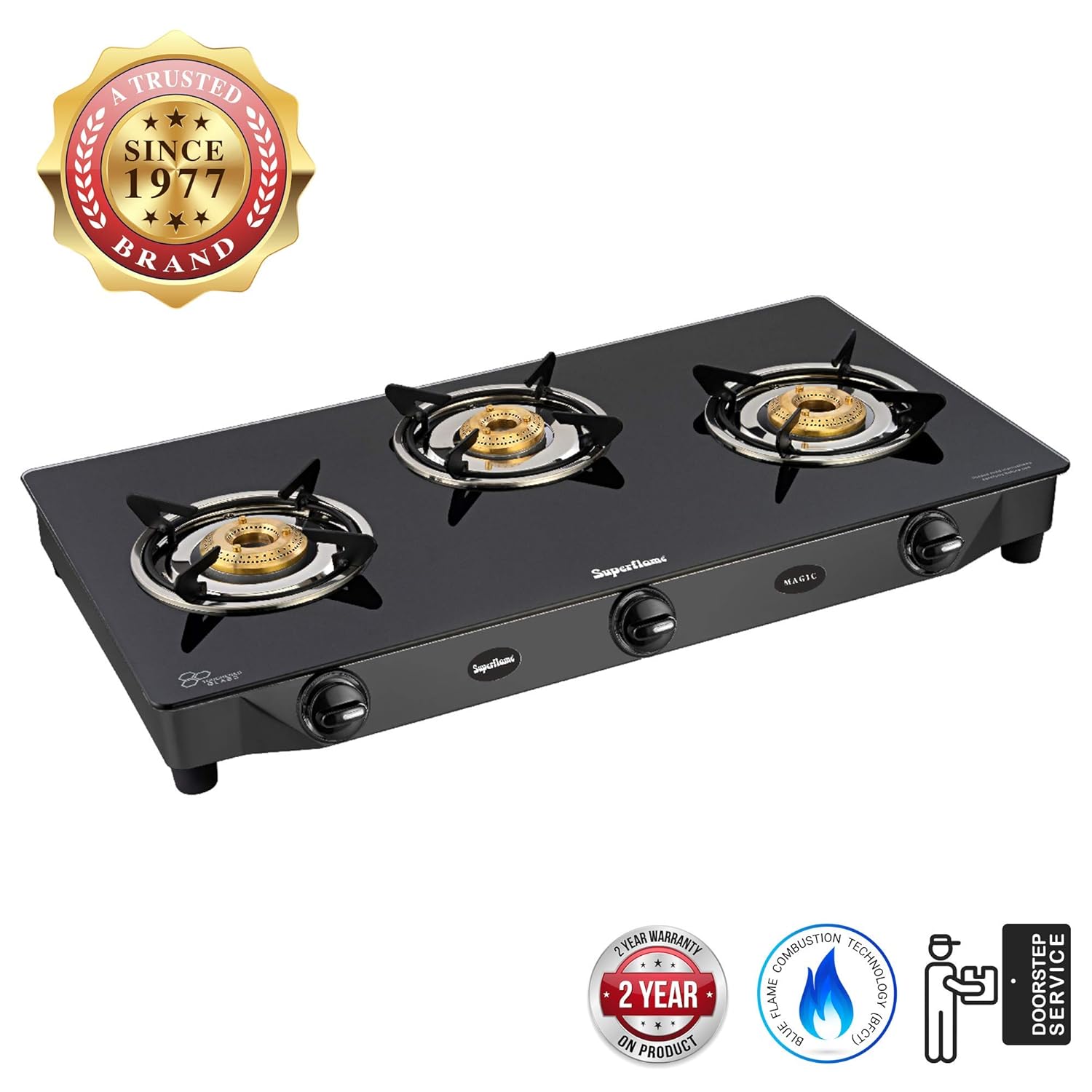 Premium Finish Glass Top 3 Burner Gas Stove with 2 Years Warranty