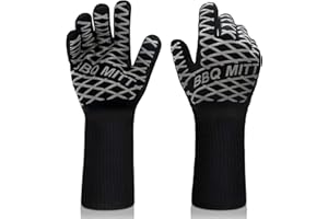 Esie Houzie BBQ Gloves, 1472°F Extreme Heat Resistant & Cut Resistant Oven Mitts with Fingers for BBQ Grilling, Cooking, Baking, Cutting, Fireproof 15 Inch Anti-Slip Gloves for Men(Gray)