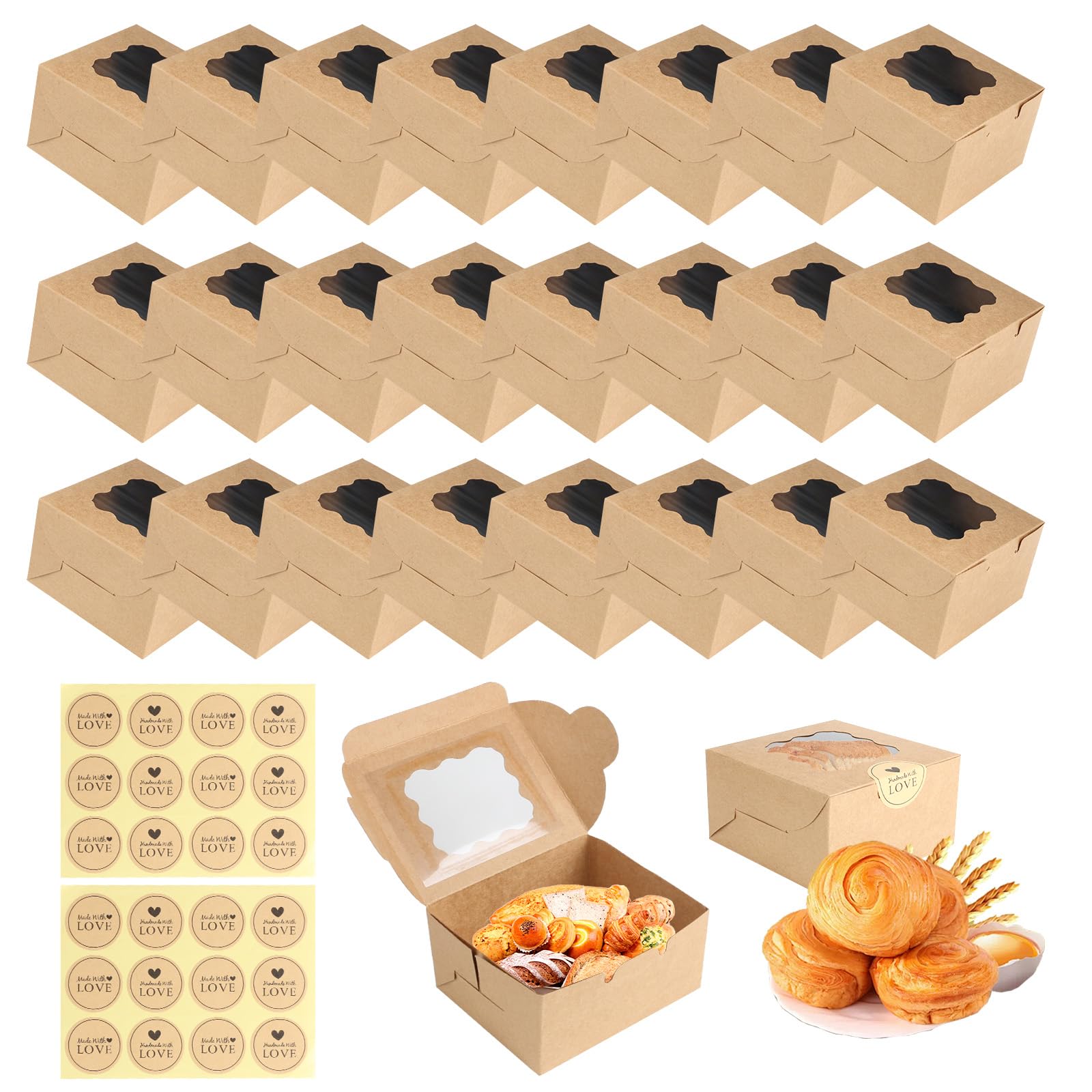 24PCS Cardboard Cake Boxes, 4 inch Cupcake Boxes with Windows and 24 Stickers Paper Bakery Cake Box for Cupcakes Desserts Pastries Cookies Candy Pies Muffin Bakery Macaron Gifts (Brown)