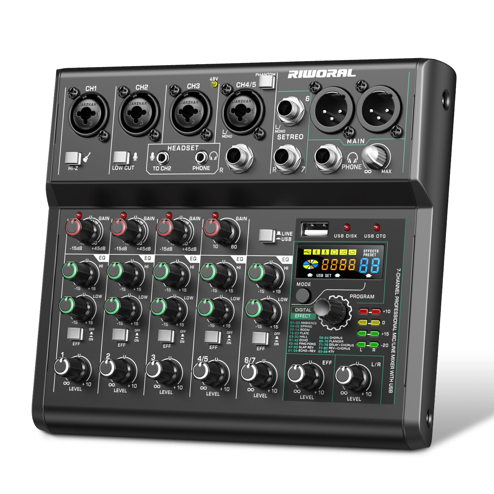 Photo 1 of USB interface Audio 7 Channel Mixer With Effects 88 Dsp Digital DJ Mixing Board Bluetooth Music Player 48v Line For Condenser Mic Audio Mixer to PC/Phone For Karaoke Record Livestream