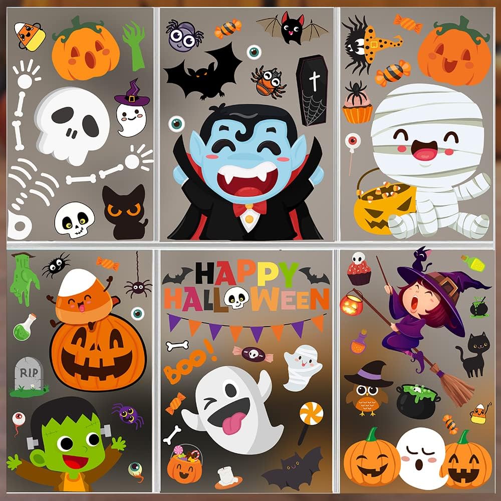 Window Treatments - 6 Sheet Halloween Window Clings Cute Halloween Window Stickers Halloween Window Decals Halloween Window Decorations for Kids Halloween Decals for Halloween Decorations Indoor