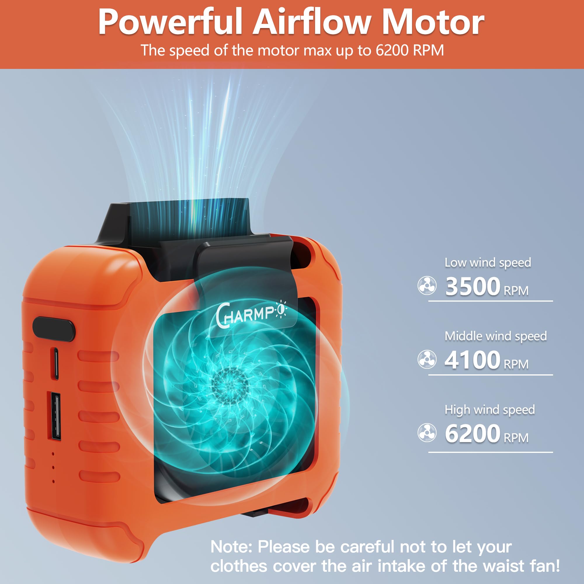 CHARMPㅤ Portable Waist Fan - 6000mAh Battery, 3 Speeds, Strong Airflow, Up to 16 Hours Working Time, Portable Hands-Free Cooling Belt Clip Fan for Construction Workers, Couriers, and Campers