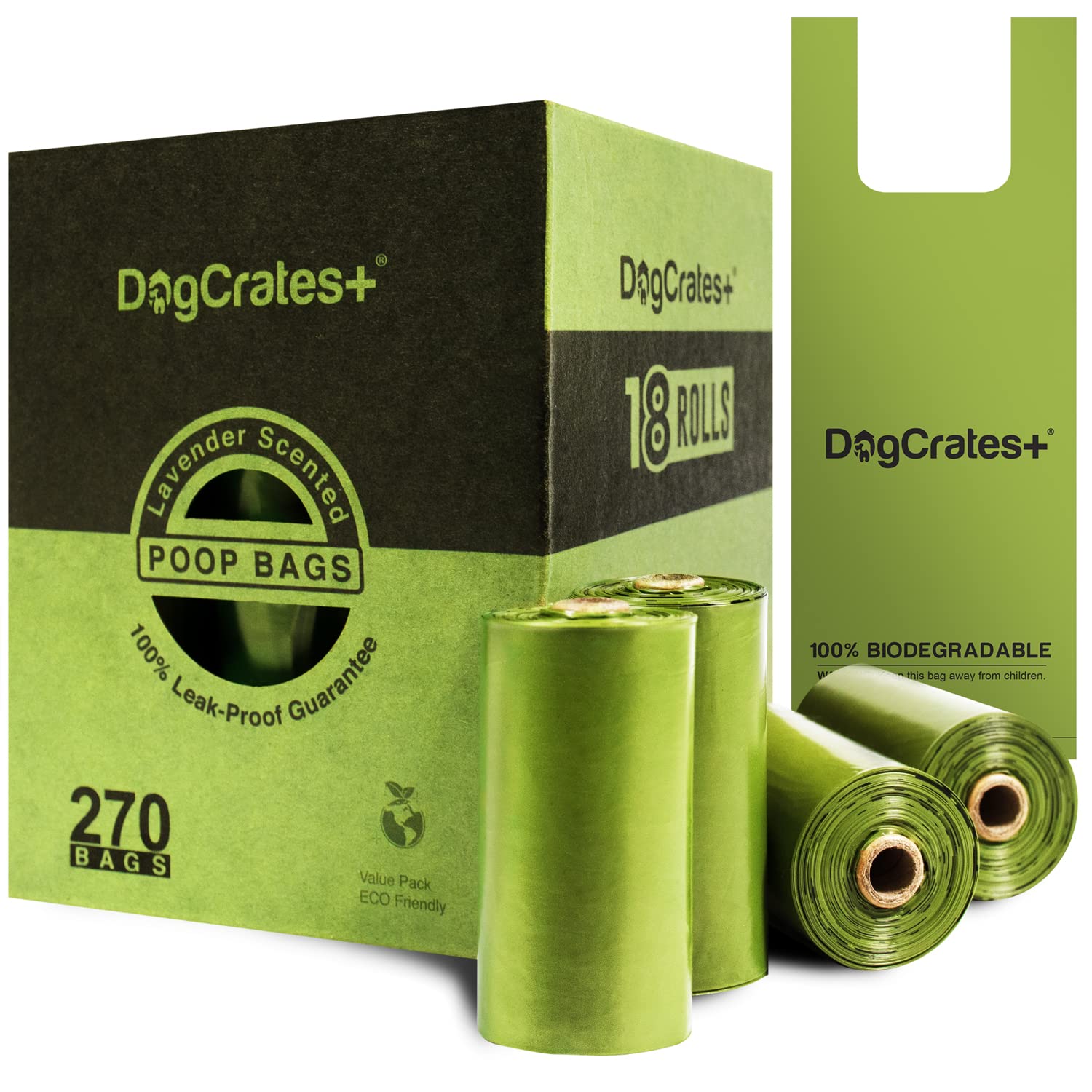 DogCrates+ Dog Poo Bags - 270 Leak Proof and Extra Thick Biodegradable Eco Poop Bags with Tie Handles, 15 Bags on a Roll, 18 Dispenser Refills, Strong Waste Bags