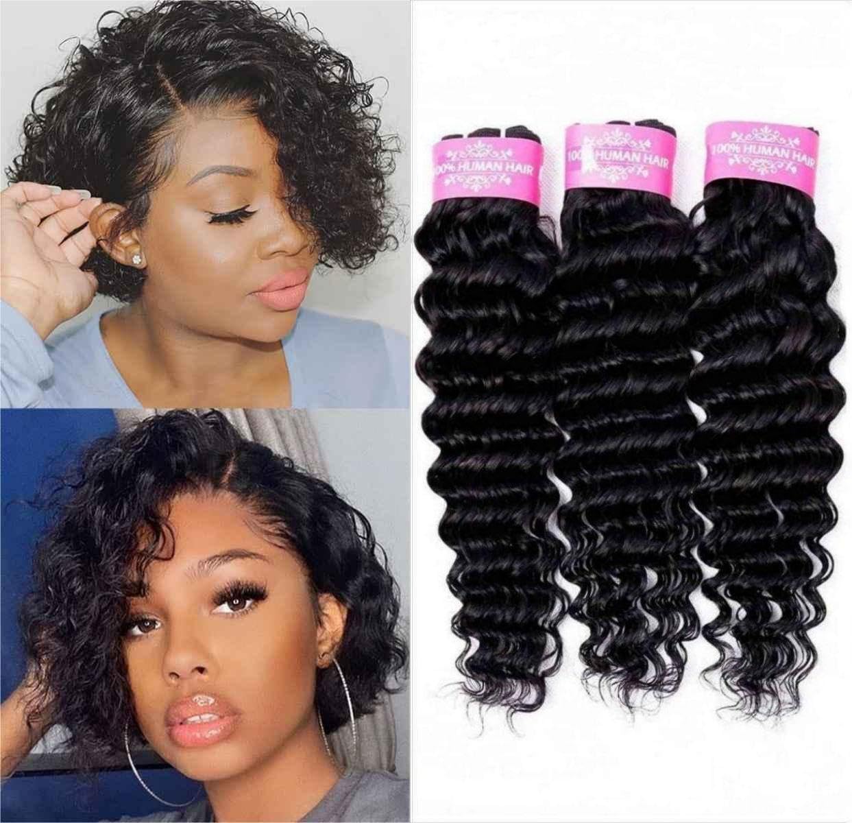 Sexycat Deep Curly Human Hair Bundles 8 8 8 Inch 100% Unprocessed Brazilian Virgin Hair Extensions Water Wave Weave Bundles Human Hair Natural Color — image 1