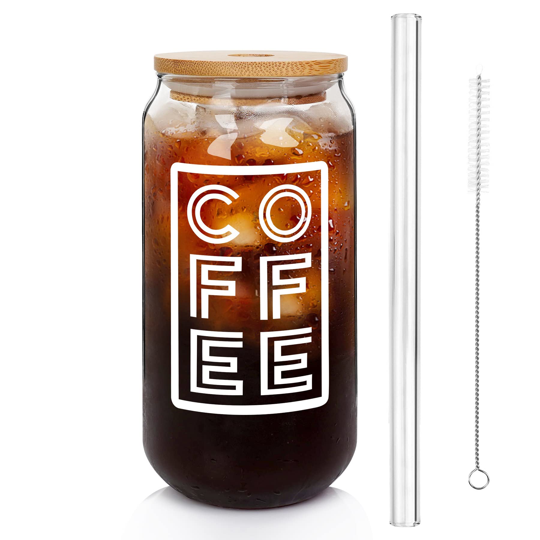 ANOTION Beer Can Shaped Glass Bamboo Cover 20 Oz Reusable Drinking Glasses Tumbler for Travel Office Home Ice Tea (Classic)