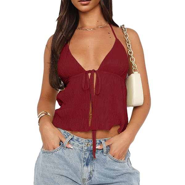 SOLY HUX Women's Y2k Lace Trim Open Tie Front Tank Top V Neck