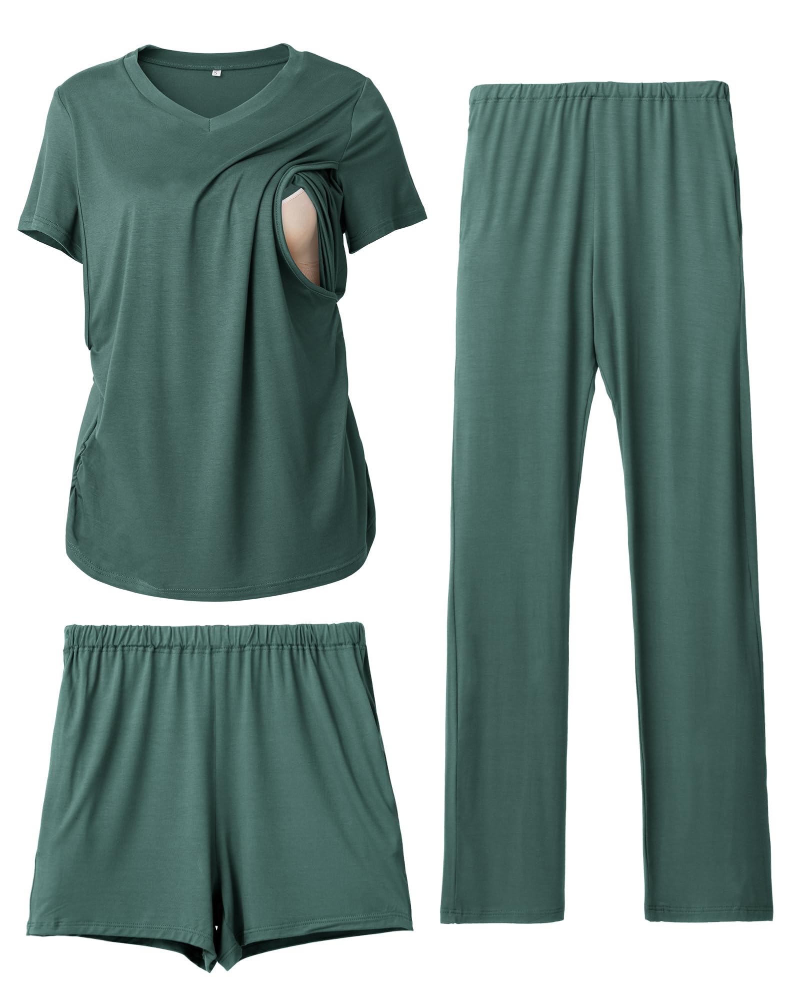 Photo 1 of ***MISSING SHORTS***Rnxrbb 3 Piece Women's Maternity Nursing Pajamas Set V Neck Breastfeeding Pjs Sleepwear Postpartum Shorts&Pants Pockets,Teal L