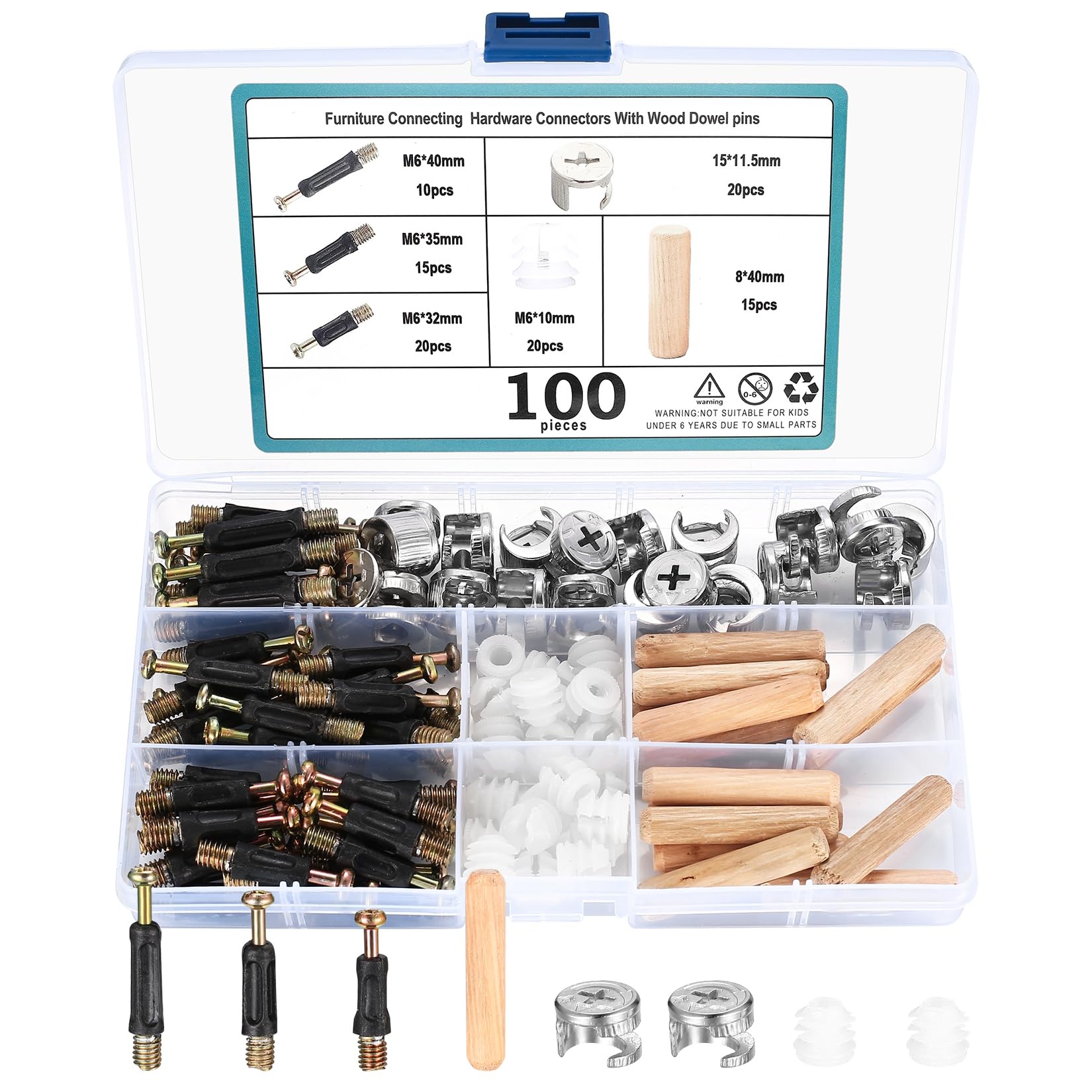 100x 3-in-1 Furniture Connector Hardware Fixings Set, Include Furniture Cam Lock Screw, Eccentric Cam Bolt Nut and Dowel, Pre Inserted Nuts, Wood Dowel Bolts Nut Locking Cam for Cabinet Wardrobe