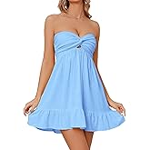 HOCANDY Womens Strapless Mini Dress Twist Knot Front Cut Out Babydoll Dress Smocked Backless Ruffle Hem Tube Dresses