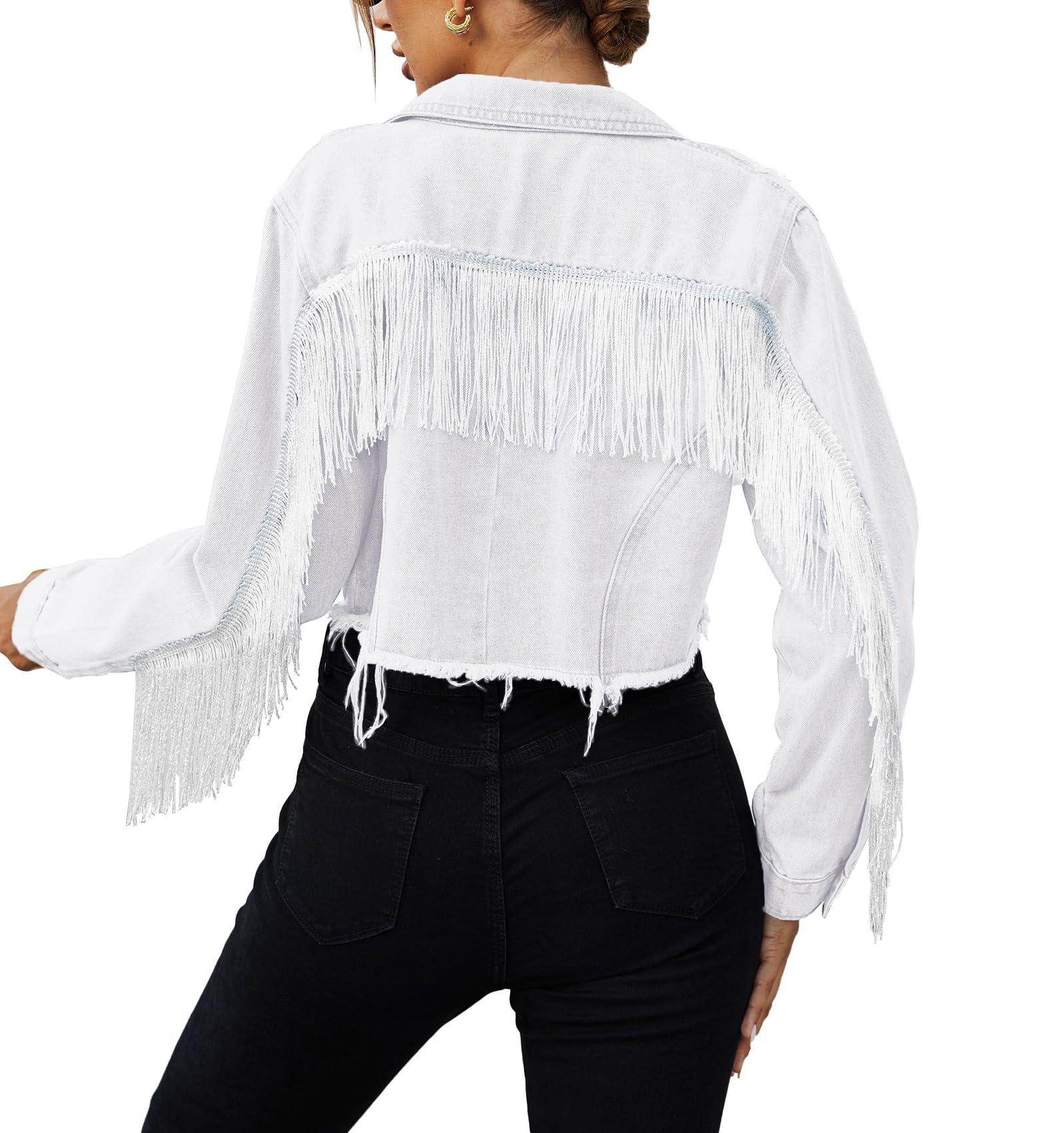 Photo 1 of Women Denim Jacket Casual Long Sleeve Distressed Ripped Cropped Coat Fringe Jean Jacket White M