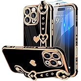 LLZ.COQUE Compatible with iPhone 16 Pro Max Case with Strap for Women Girls [2× Screen Protectors], Cute Love-Hearts, Wristband Kickstand Luxury Plating Edge Protective Phone Case (6.9") - Black