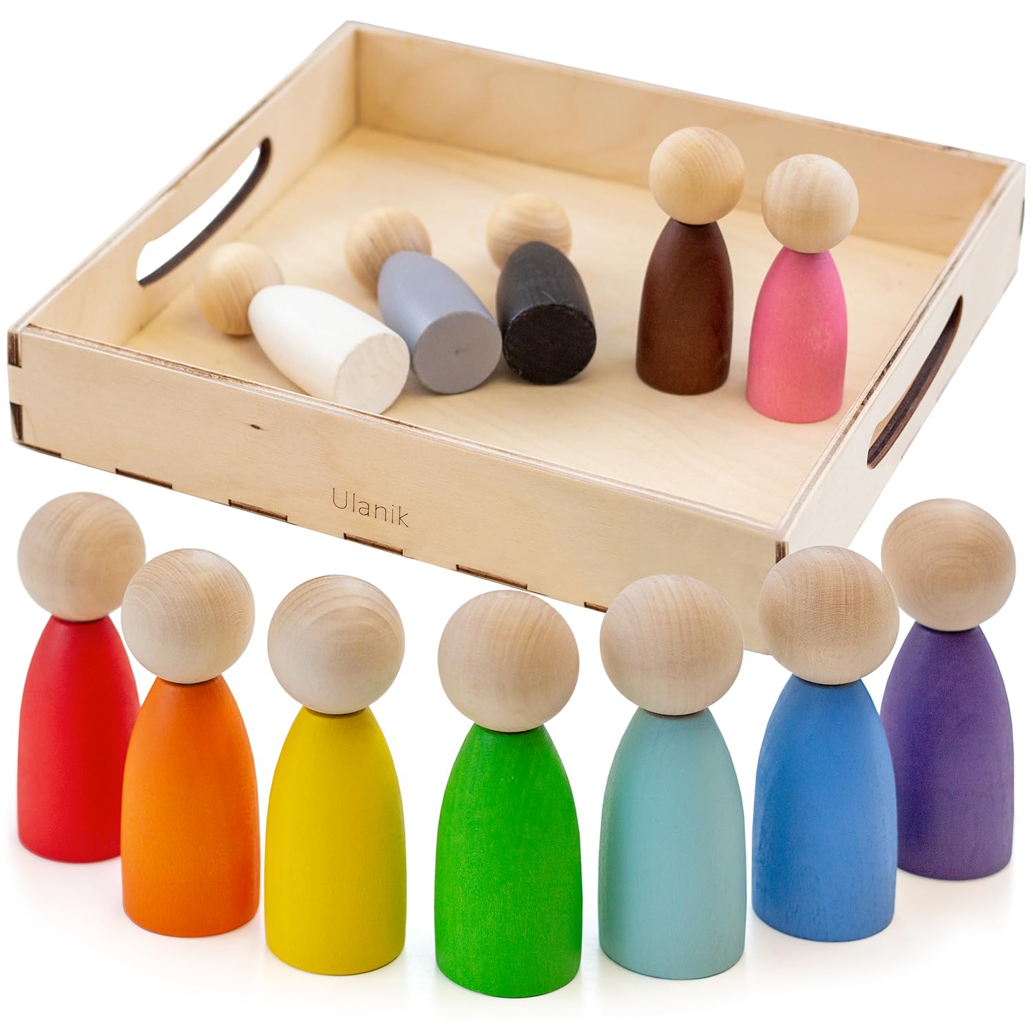 Ulanik Large Peg Dolls for Sorting Toddler Montessori Toys for 1+ Year Old Baby Wooden Games for Learning Colour Sorting & Counting — 12 Gnomes