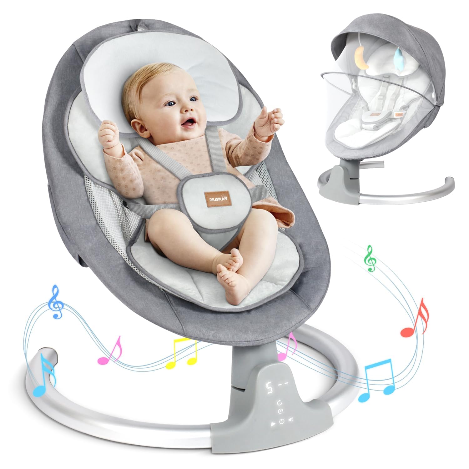 BIUSIKAN Baby Swings for Infants, Electric Baby Swing with Lullabies, Bluetooth, Remote Control, Infant Swing with 3 Seat Positions for Baby Boy Girl, Portable Baby Swing, Grey