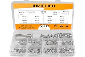 Juvielich 500 Pcs Metric Set Screws Assortment Kit,M3 M4 M5 M6 M8,Grub Screw Set,3mm-10mm Lengths with Hex Key Wrench for Door Handles,Light Fixture Repair