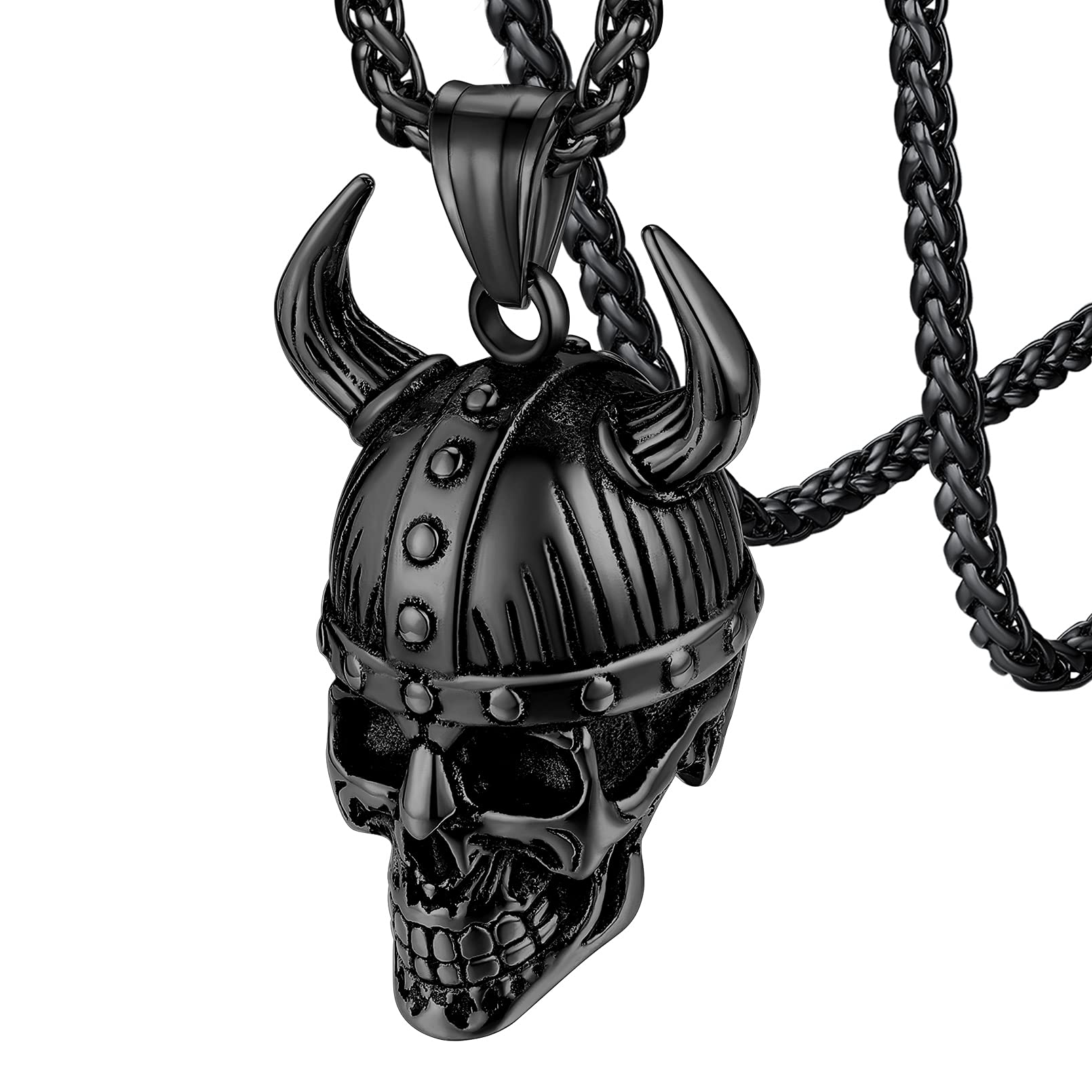 FaithHeart Black Skull Necklace, Punk Skull Head Pendant Jewellery Solid Stainless Steel Skeleton Neck Chain Adjustable 55cm+5cm