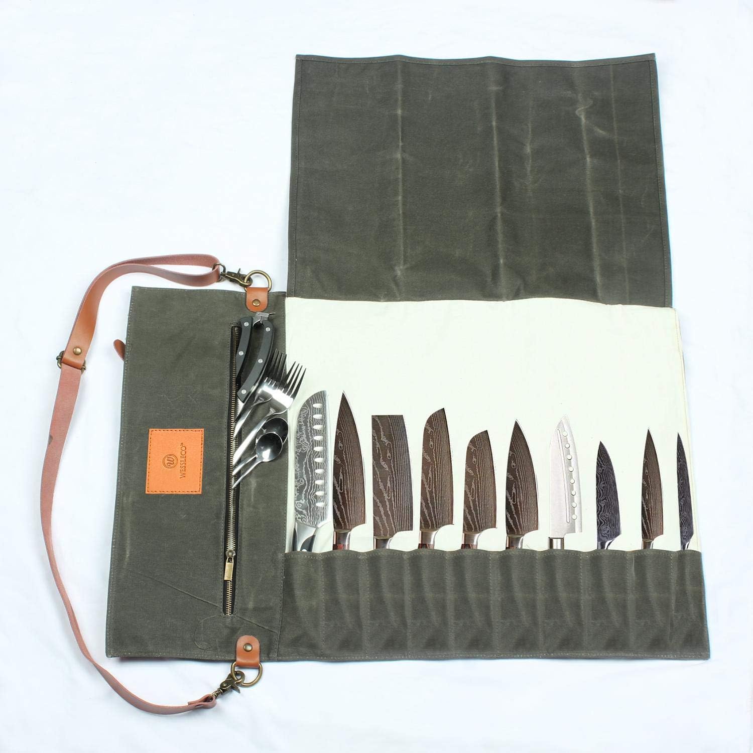 Amazon｜Wessleco Chef Knife Roll Bag (10 Pockets), Waxed Canvas Knife