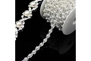 PEARLY JUN 1 Yard Pearl Trim Chain Rhinestone Silver String Crystal Applique Fringe Ribbon Strips Beads Sewing Dress DIY Party Wedding Bouquet for Decoration Bridal Costume Embellishment