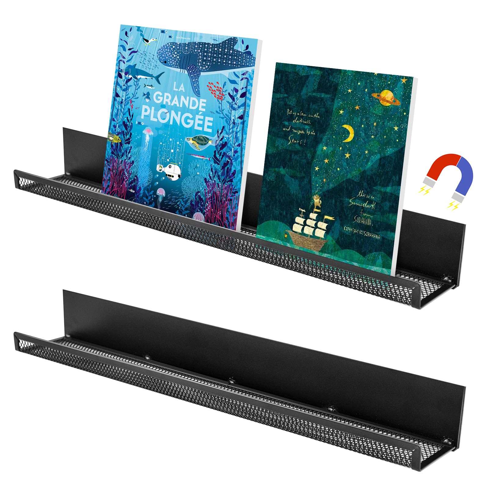 Photo 1 of 2 Pack Metal Magnetic Book Shelf for Whiteboard Classroom, 17Inch Floating Book Display Shelves Heavy Duty Magnetic Book Holder Magnet Refrigerator Organizer for Kid Room Office Teacher Storage