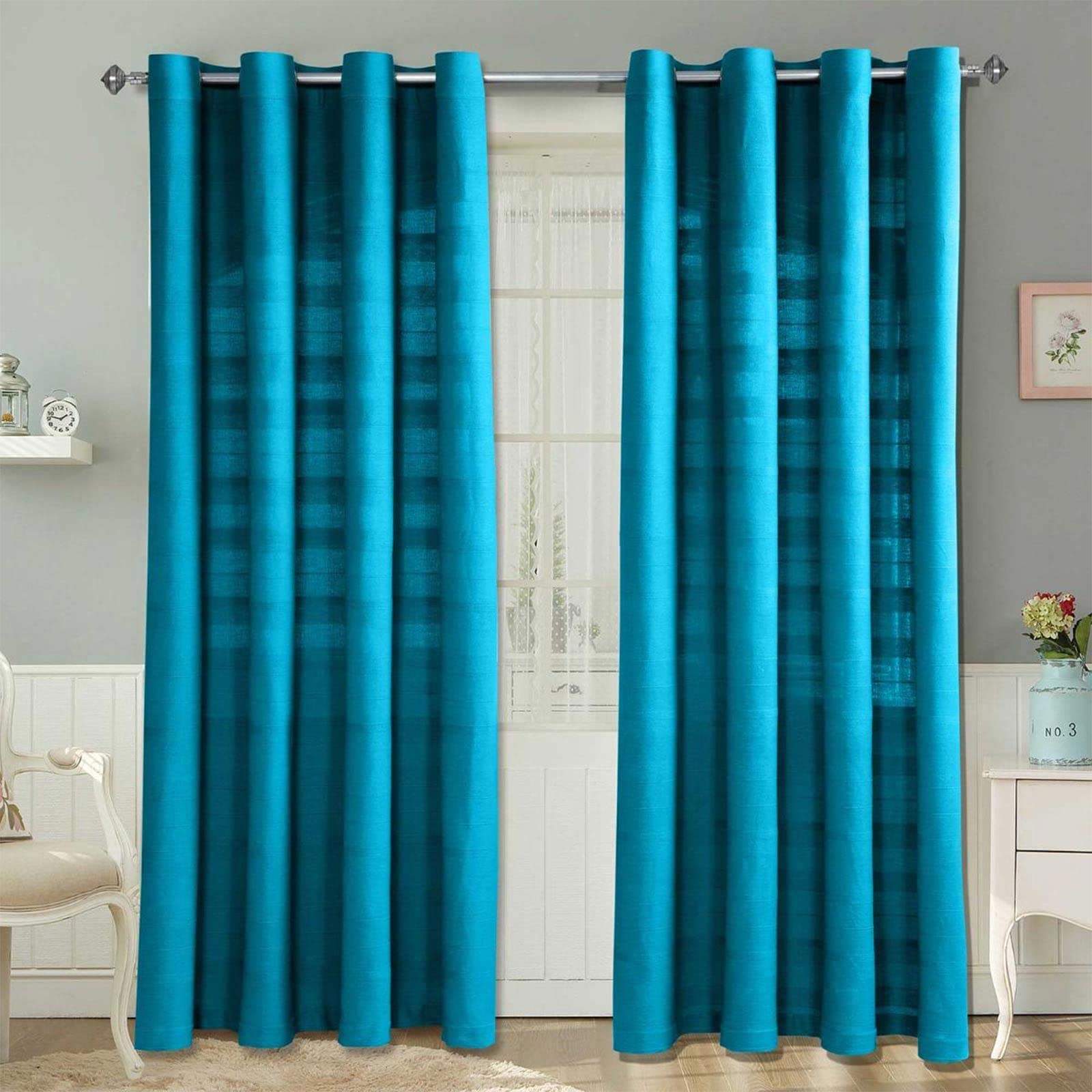 HOMESCAPES Teal Rajput Eyelet Curtain Pair 167cm (66") Wide x 182cm (72") Drop 100% Cotton Ring Top Plain Curtains — image 1