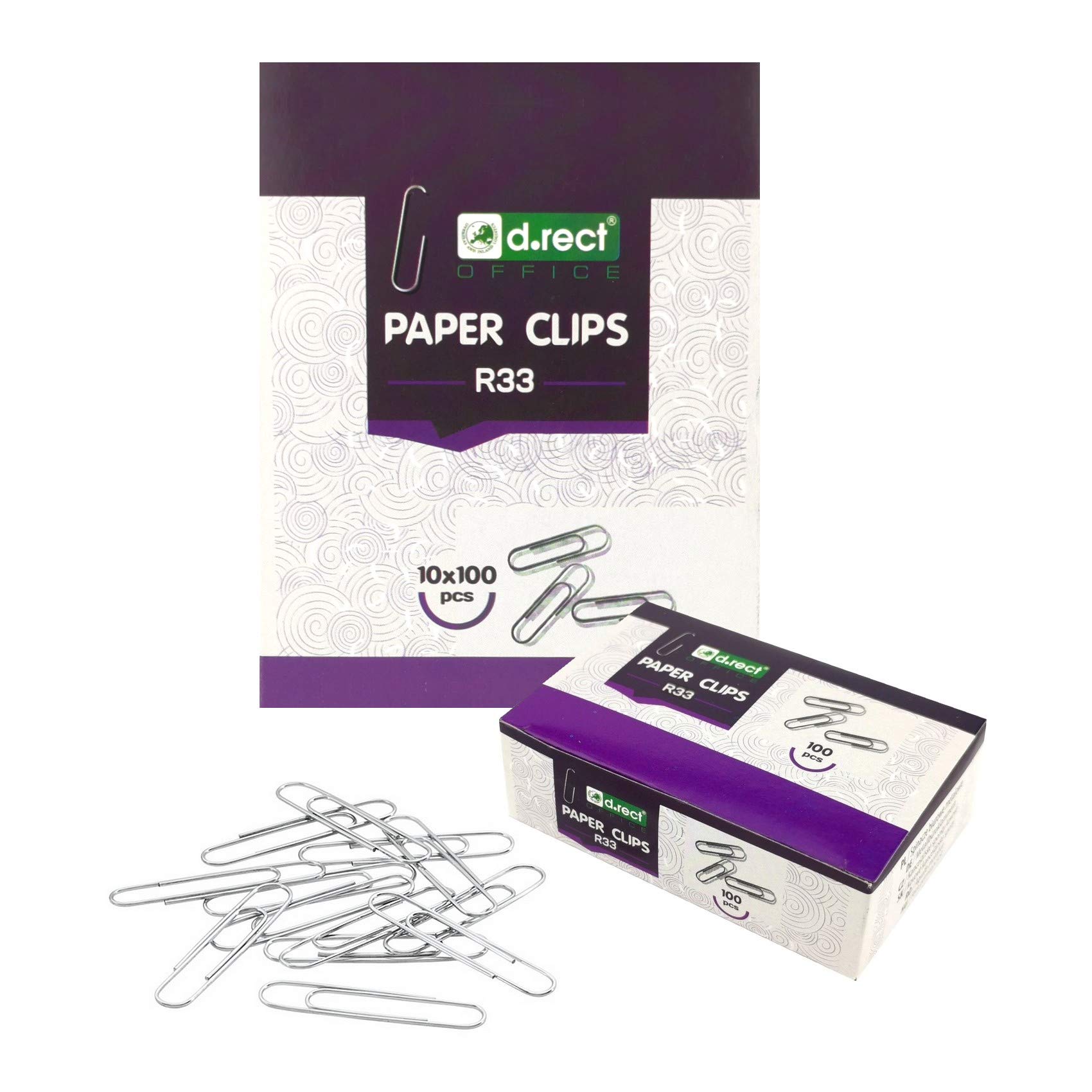 D.RECT Paper Clips 33 mm – 1000 Pack Galvanised Metal – Silver Wire Clips for Office, School & Home – Eco Packaging 10x100 – Document & Photo Binder Clips