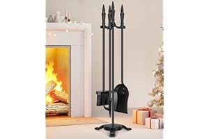 FEED GARDEN Fireplace Tools Set 4 Pieces, 31 Inch Modern Indoor Outdoor Wrought Iron Fire Place Set Tools, Black Fireplace Accessories Included Poker, Shovel, Brush, Base