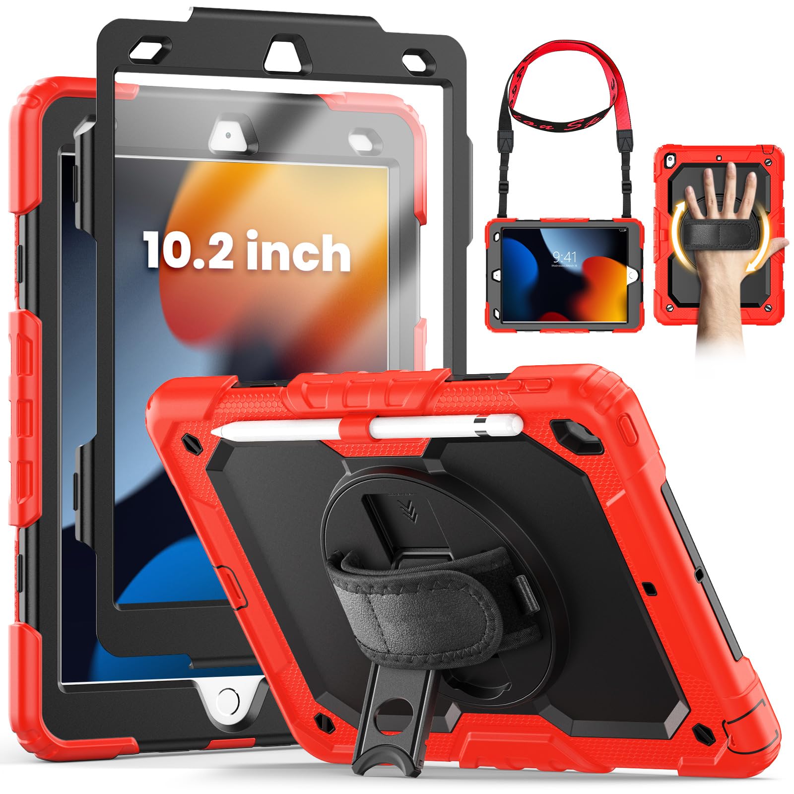 SEYMCY for iPad 9th/8th/7th Generation Case 10.2 inch, Shockproof Sturdy Cover with 360° Rotating Hand Strap & Stand, Screen Protector, Shoulder Strap, Pen Holder for iPad 9/8/7 gen 2021~2019, Red
