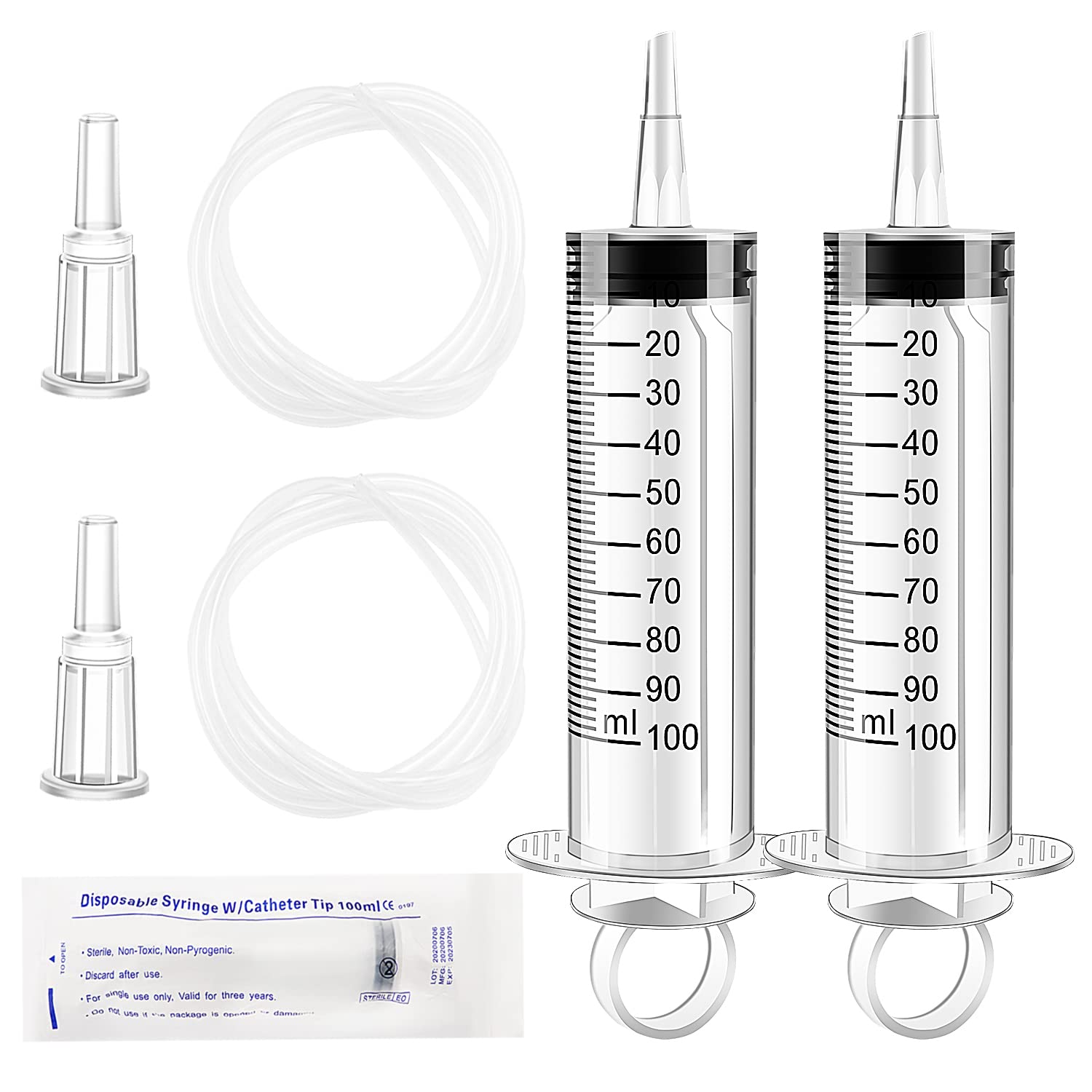 VooGenzek 2 PCS 100ml Liquid Measuring Tool with Tip Cap and 2 PCS 130cm Plastic Tubing, Plastic Multipurpose Liquid-Filling Tube in Individual Wrap, for Scientific Lab, Measuring Liquid, Feeding