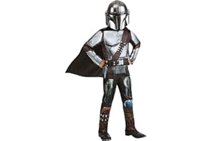 JAZWARES COSTUME PLAY Star Wars The Mandalorian Official Youth Costume - Premium Light Up Padded Jumpsuit with Plastic Mask and Detachable Cape