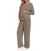 Yousify Womens Maternity Pajamas Sets 2 Piece Outfits Ribbed V Neck Long Sleeve Knit Tops Pants Pregnancy Loungewear