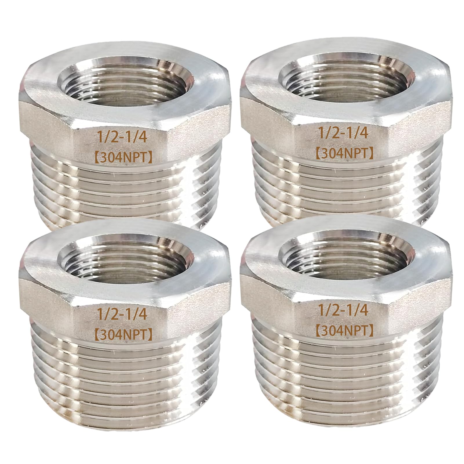 Photo 1 of 1/2" NPT Male to 1/4" NPT Female Reducer Hex Bushing, 304 Stainless Steel NPT Reducing Bushing Adapter Pipe Fitting(4Pcs)