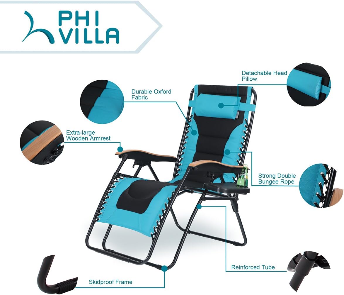 PHI VILLA Oversize XL Padded Zero Gravity Lounge Chair Wide Armrest Adjustable Recliner with Cup Holder, Support 350 LBS (Aqua) : Garden & Outdoor